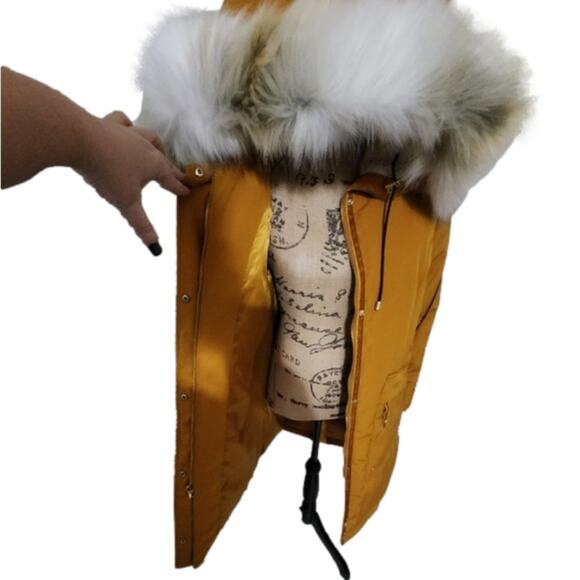 Sam Edelman Spicy Mustard Faux Fur Hooded‎ Long Parka Size Large New! - Picture 10 of 10